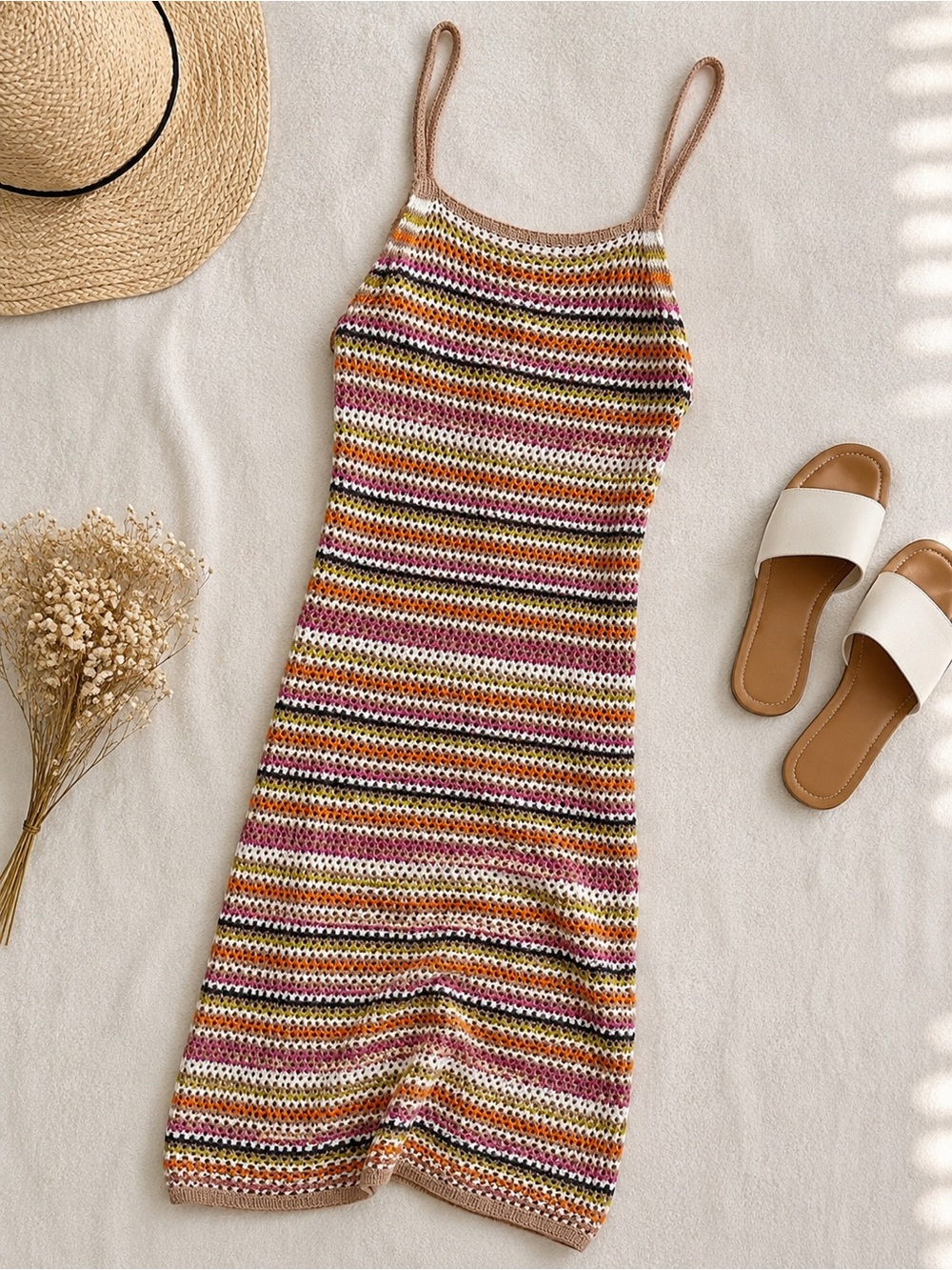 Olive + Oak Crochet Striped Midi Dress XS Multicolor Boho Sleeveless Like New